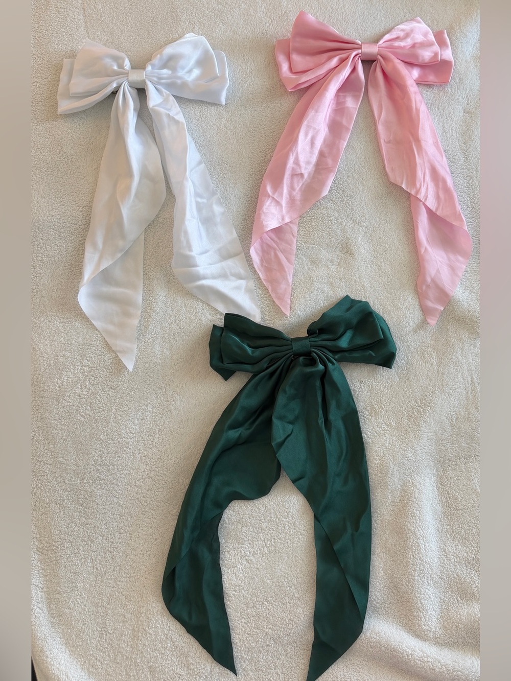 Girly/Women Satin Hair Bow Set - Pink, White & Dark Green